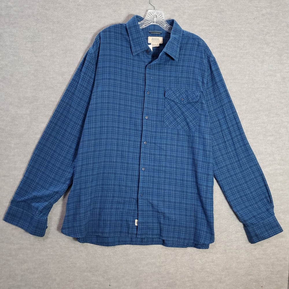 Boston Traders Men Button Up Shirt 2XL Blue Plaid Flannel Pocket Long Sleeve